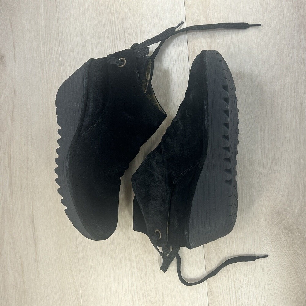 FLY London YEBI Black Suede Ruched Ankle Wedge Boots Tie-Back Womens 40 / 9-9.5 - Picture 1 of 12